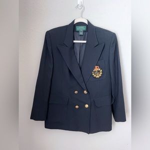 Lauren Ralph Lauren Navy Blue Double Breasted Crest Logo Wool Blazer- size 14